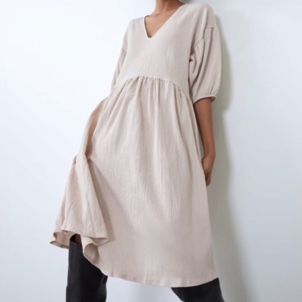 ZARA Voluminous texture weave cream dress size S
